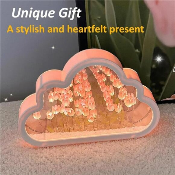 Tulip Cloud Mirror Night Light Pink Table Lamp Bedroom Decor Gift for Girls - Picture 5 of 8